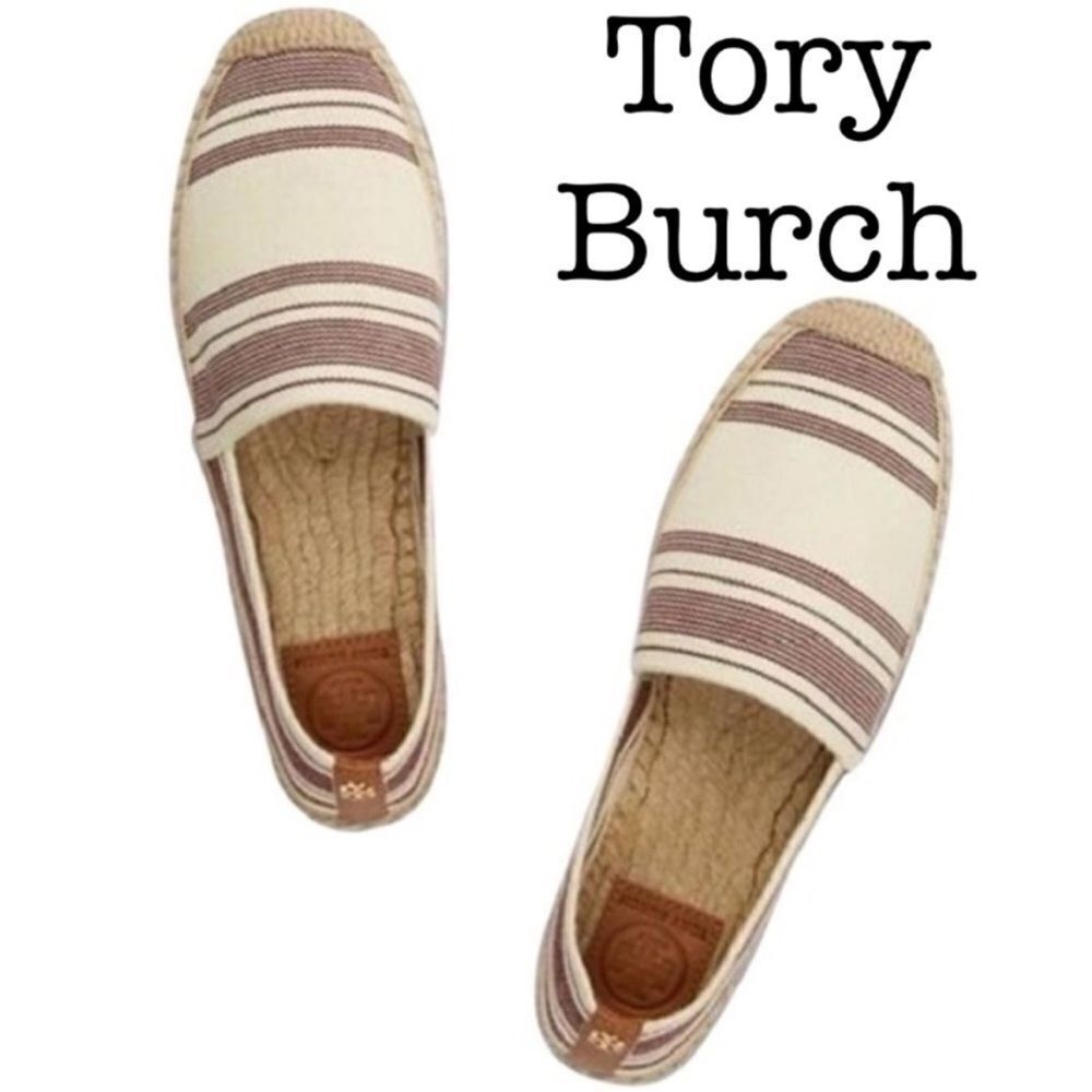 Tory Burch Striped Ivory, Plum, Tan Elastic Espadrilles Flats! ❤️